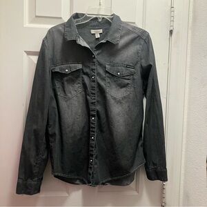 Calvin Klein Pearl Snap Shirt Womens L Denim Dark Grey Stretch Western Cowgirl